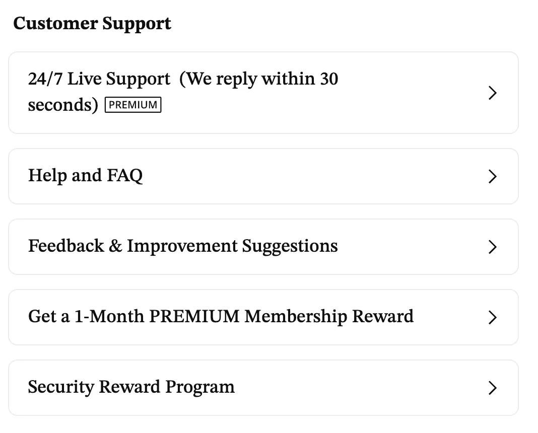 The Customer Support section of PositiveSingles settings: 24/7 Live Support marked Premium with the note We reply within 30 seconds, Help and FAQ, Feedback and Improvement Suggestions, a one-month Premium membership reward, and the Security Reward Program.