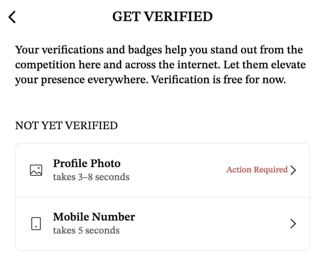 The Get verified screen. Verification is free for now; a profile photo check takes 3 to 8 seconds and a mobile number takes 5 seconds.